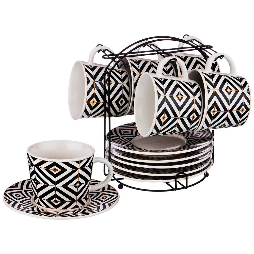 Чайный набор на 6 персон 12 пр. на подставке коллекция "black & white" 220 мл  155-263